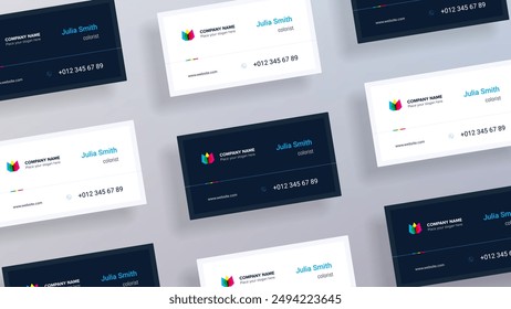 Dark and light covers for business cards with lily flower logo. Pasteboard cards on editable gradient drop shadows isolated on simple mesh background for you design. Accurate vector illustration