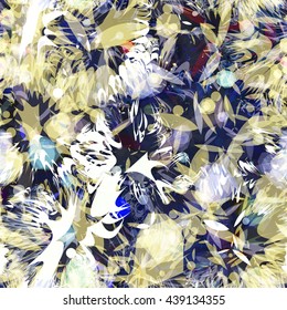 Dark and light. Formless spots with sharp edges, like thorns or leaves. Polygons, circles, curved strips, wavy lines, stylized petals. Randomly mixed. Abstract seamless vector background.