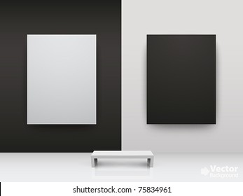 Dark And Light Gallery Interior With Empty Frames On Wall