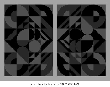 Dark and light gray abstract background. Geometric pattern, circle, triangle, square, diamond shape, Bauhaus style. Texture design for print, cover, poster, banner, wall. Vector illustration.