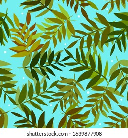 Dark and light green, brown branches with leaf on bright blue background and white spots. Seamless tropic natural pattern.