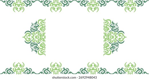 O trabalho de rolagem verde claro e escuro forma bordas superiores e inferiores paralelas, separadas por grandes elementos laterais espelhados