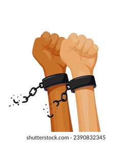 Dark and light hands in shackles breaking iron chains. Vector illustration.