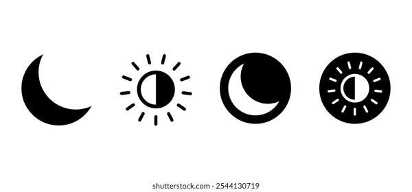 Iconos de App de modo oscuro y claro. Sol, día, noche, luna, dormir, dnd signos de interfaz de usuario y Sitio web. Png transparente y Ilustración vectorial