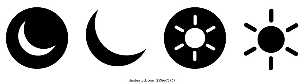 Dark and light mode icon. day, night, sun and moon signs and symbols for app, user interface, vector illustration.