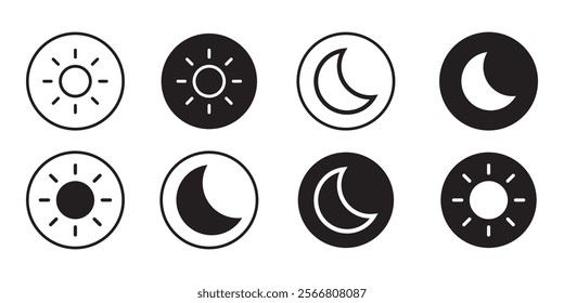 dark and light mode icon. shining sun and crescent noon. screen brightness icon. Sun moon vector icon set. day and night sign. vector illustration on transparent background