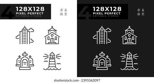 Dark and light mode icons set representing various buildings, editable thin line illustration.
