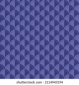 Dark and light purple fish scale pattern seamless background. Color trendy 2022 very peri. Design texture elements for fabric, tile, banner, card, cover, poster, backdrop, wall. Vector illustration.