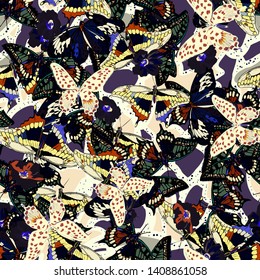 Dark and light seamless texture with butterflies, spots. Abstract vector background for clothing, fabric, home decor, wrapping, design. Boho, paper, textile.
