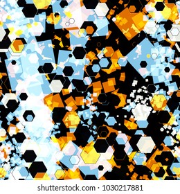 Dark and light seamless texture with geometric elements Squares and hexagons. Blue, black, orange, white colors. Abstract vector background for web page, banners backdrop, fabric, home decor, wrapping