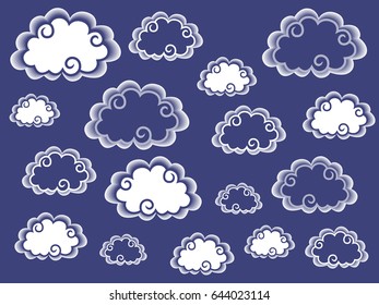 Dark and light stylized clouds over blue background, vector illustration 