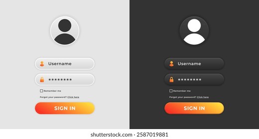 Dark and light theme of login page, vector illustration. User interface design elements. Authorization form on the website. Username and password.