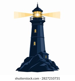 Dark lighthouse with glowing light on rocky shore