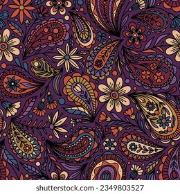 DARK LILAC VECTOR SEAMLESS BACKGROUND WITH MULTICOLORED FLORAL PAISLEY ORNAMENT