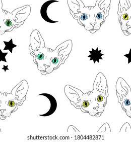 Trazado de línea oscura Sphinx gato patrón ininterrumpido. Bueno para textiles, envolturas, papeles pintados, etc. Gato y luna y estrella aislados en fondo azul. Ilustración vectorial.