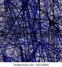 Dark lines, random stripes. Blue, black. Abstract seamless vector background. Chaotic structure. Lines texture. Spiderweb motif