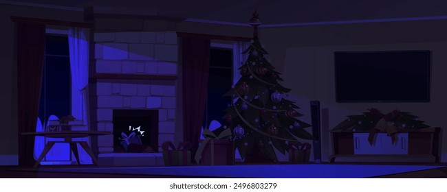 Dark living room on X-mas eve. Vector cartoon illustration of home interior decorated for winter holidays, gift boxes in fireplace and under tree with toys and garland, night moonlight in window