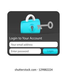 Dark Log in to your account form for websites and applications with lock icon and grey key