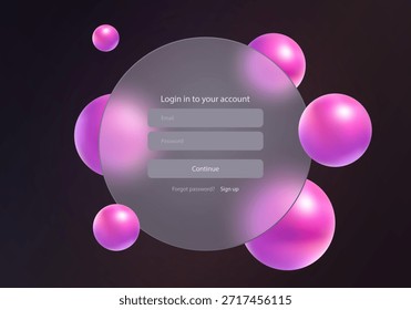 Dark login screen in glass morphism style with transparent round panel, input fields and glossy pink spheres on gradient background
