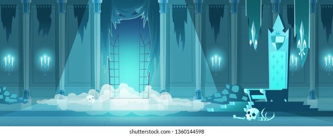 Dark lord, dracula, enchanted monster castle frightening throne room cartoon vector concept with human skull near kings throne, smoke, fog spreading from door illustration. Fantasy, fairy background