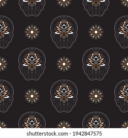 Dark lotus seamless pattern. Good for murals, books, fabrics, postcards and printing. Vector illustration.