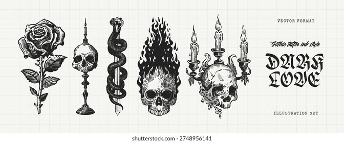 Dark Love Gothic Tattoo Engraving Set with Flaming Skull, Rose, Serpent and Candle Skull