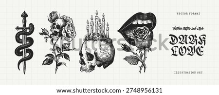 Dark Love Gothic Tattoo Engraving Set with Skull, Rose, Dagger and Serpent Symbol