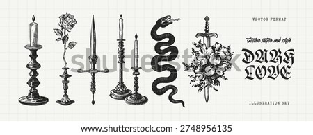 Dark Love Gothic Tattoo Engraving Set with Serpent, Dagger, Candles and Rose