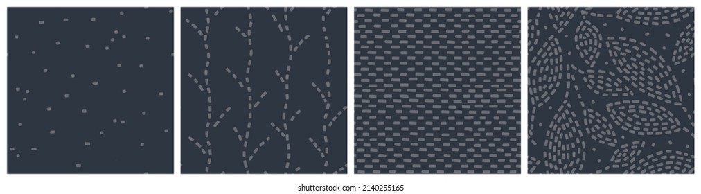 Dark low contrast masculine two color seamless pattern set.