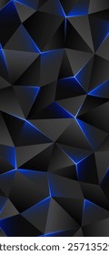 Dark low poly background. Abstract geometric smartphone wallpaper, bright shining broken lines, triangle. Gray blue triangles background. Polygonal design, futuristic style. Vector illustration