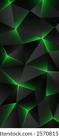 Dark low poly smartphone wallpaper. Abstract geometric background with triangles. Shining bright broken lines, triangle. Gray green background. Polygonal design, futuristic style. Vector illustration