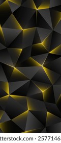 Dark low poly smartphone wallpaper. Abstract geometric background, triangles. Shining lines, triangle. Gray golden yellow background. Polygonal design, futuristic luxury style. Vector illustration