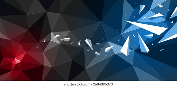 Fondo abstracto de Vector polivinílico bajo oscuro con focos de color, abstracción poligonal negra con movimiento de desintegración de partículas voladoras, arte dinámico 3D.