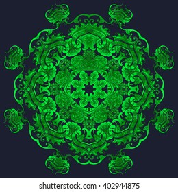 dark and luxurious green pattern. Vintage element for design in Victorian style. Ornamental lace tracery. Ornate floral decor for wallpaper.