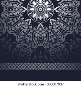 dark and luxurious silver pattern on a dark blue background. Vintage Card with damask background