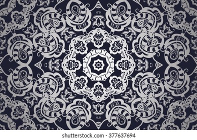 dark and luxurious silver pattern. Vintage element for design in Victorian style. Ornamental lace tracery. Ornate floral decor for wallpaper. 