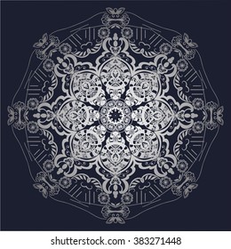 dark and luxurious silver pattern. Vintage element for design in Victorian style. Ornamental lace tracery. Ornate floral decor for wallpaper. 