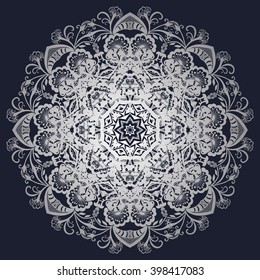 dark and luxurious silver pattern. Vintage element for design in Victorian style. Ornamental lace tracery. Ornate floral decor for wallpaper. 