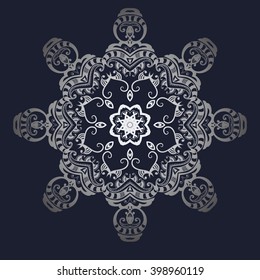 dark and luxurious silver pattern. Vintage element for design in Victorian style. Ornamental lace tracery. Ornate floral decor for wallpaper. 