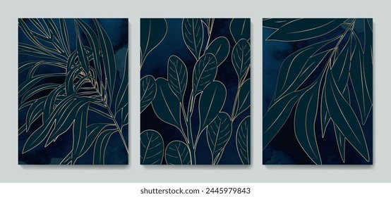 Fondo de arte abstracto de lujo oscuro con hojas tropicales con Elementos dorados en estilo de arte de línea. Conjunto botánico de carteles para diseño de impresión, decoración, Fondo de pantalla, textiles, embalaje, interior.