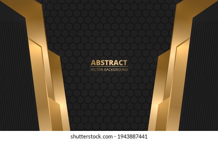 Dark luxury abstract background with hexagon carbon fiber grid and gold metallic shapes. Luxury futuristic modern game sporty background. Vector illustration.