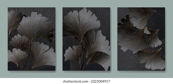 Dark luxury art background with ginkgo leaves in gold line art style. Set of botanical posters in oriental modern style for wallpaper design, print, textile, interior design, banner.