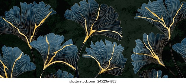 Dark luxury art background with ginkgo leaves with golden elements in kintsugi style. Botanical banner for decoration, print, textile, wallpaper, interior design, poster, packaging.