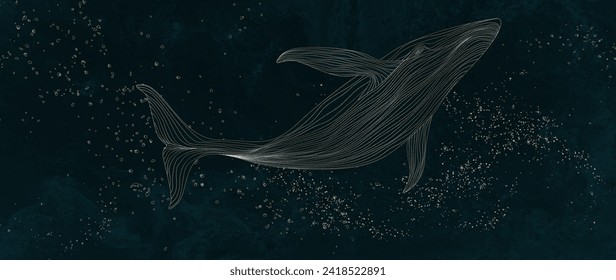 Dark luxury art background with a golden whale in hand drawn waves in line style. Vector abstract banner for decoration, print, textile, poster, interior design, textile, packaging.