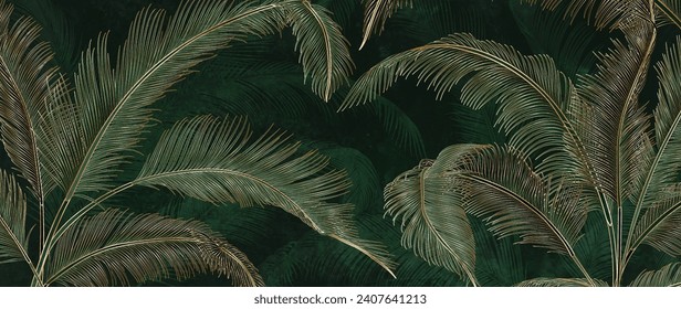 Dark luxury art background in green tones with exotic palm leaves in golden line style. Botanical tropical banner for decoration, print, wallpaper, interior design, textile.