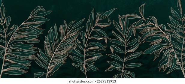 Dark luxury art background with hand drawn tropical plant leaves in gold line style. Botanical tropical banner for decor, print, wallpaper, textile, packaging, interior.