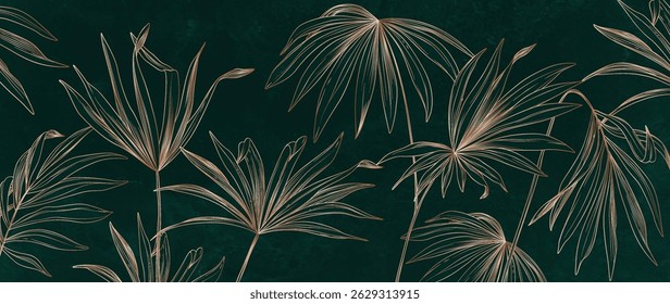 Dark luxury art background with hand drawn tropical plant leaves in gold line style. Botanical tropical banner for decor, print, wallpaper, textile, packaging, interior.