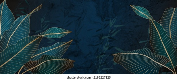 Dark luxury art background with tropical leaves in golden line style. Botanical banner with palm leaves for decoration, print, wallpaper, packaging, textile.