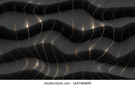 Fondo negro de lujo oscuro y fondo dorado de hilos negro y de color premium fondo vectorial. Banner de líneas de brillo geométrico con un patrón de efecto 3D. Plantilla para anuncios, promociones, invitación, volante, tarjeta, póster, web e impresión 
