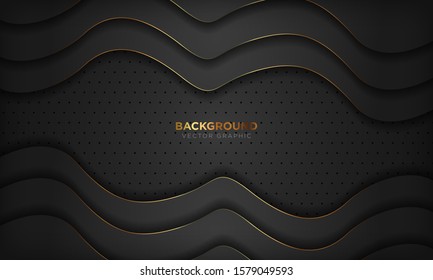 Dark luxury background with black wave overlap layers. Texture with dark metal pattern and golden line decoration. Modern paper cut background. Vector illustration.